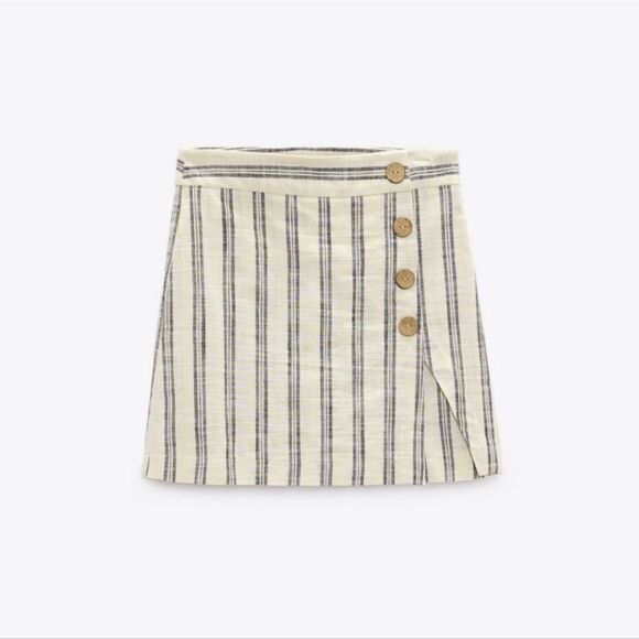 NWT Zara Cotton Linen Look Striped Ecru Button-Front High Waist Skort Skirt L - Picture 3 of 13